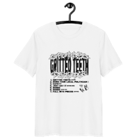 a white t - shirt with a black and white design
