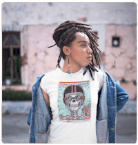 a woman wearing a t - shirt with an image of a skeleton