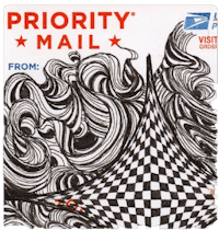 priority mail - a black and white postcard with a checkered design