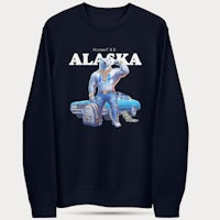 a sweatshirt with an image of a man standing next to a car in alaska