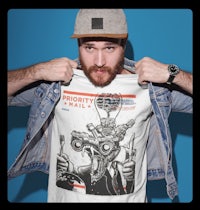 a bearded man wearing a hat and a t - shirt