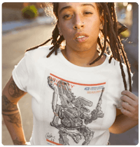 a woman with dreadlocks wearing a white t - shirt