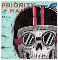a skull wearing a helmet and goggles on a postage stamp